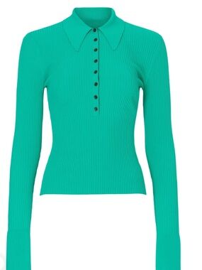 A.L.C. Ribbed Long-Sleeve Polo Sweater in Teal